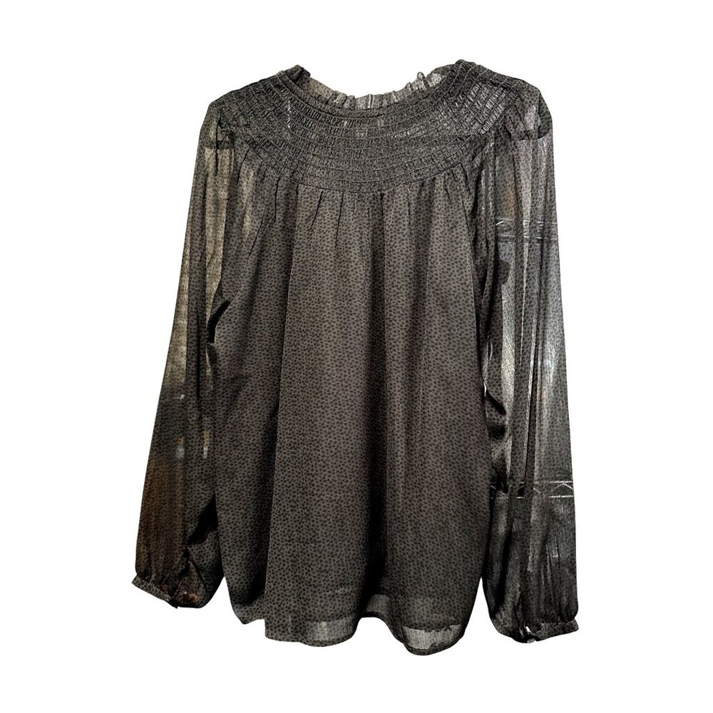 Loft Sheer Black Smocked Yoke Long-Sleeve Blouse With Subtle Print Size Large - Picture 5 of 8